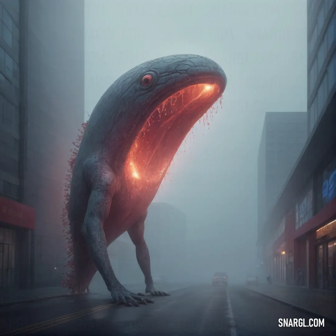 Light coral color example: Giant dinosaur with its mouth open standing on a city street in the foggy day with a car driving by