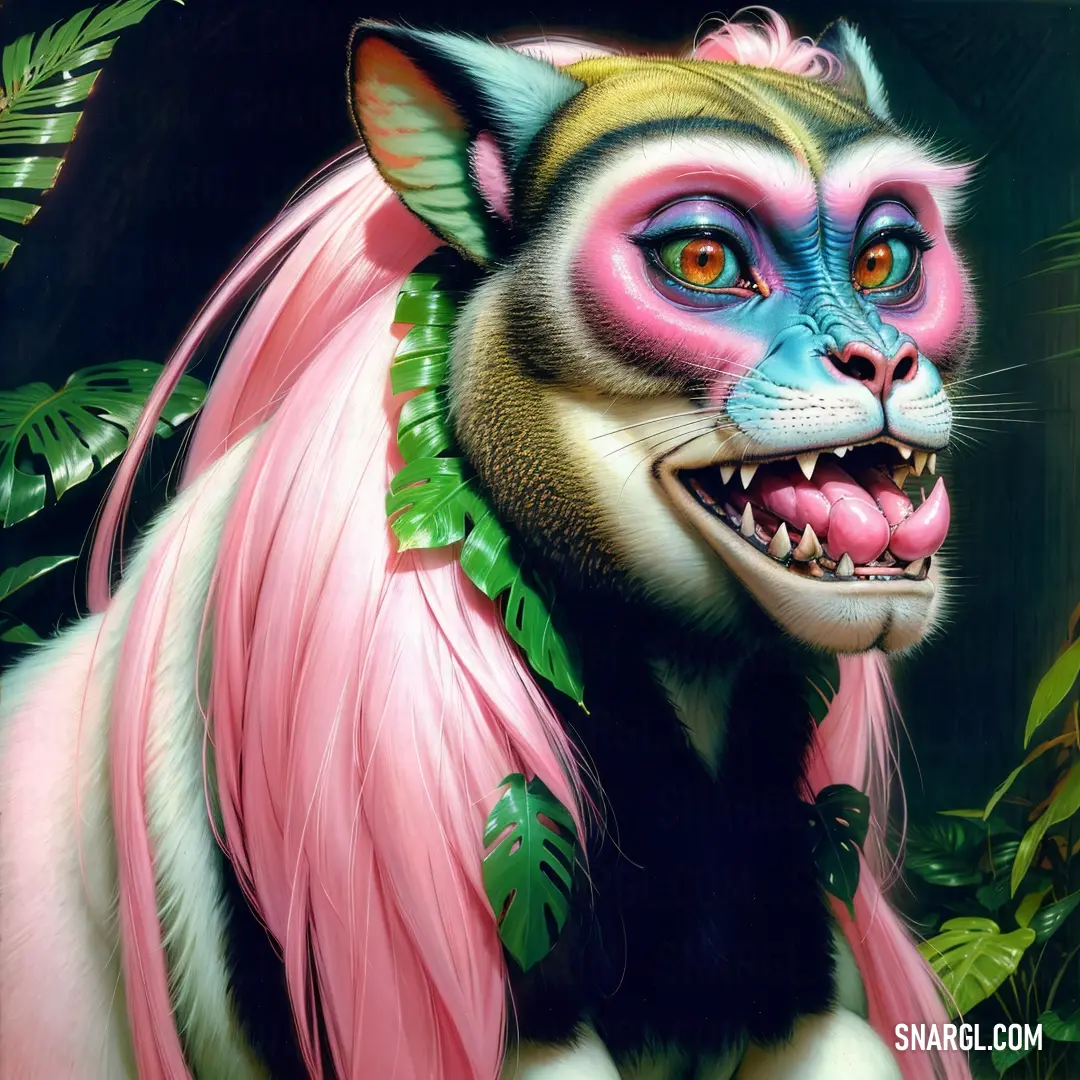 Painting of a monkey with pink and green feathers and a pink tail and a green leaf around its neck