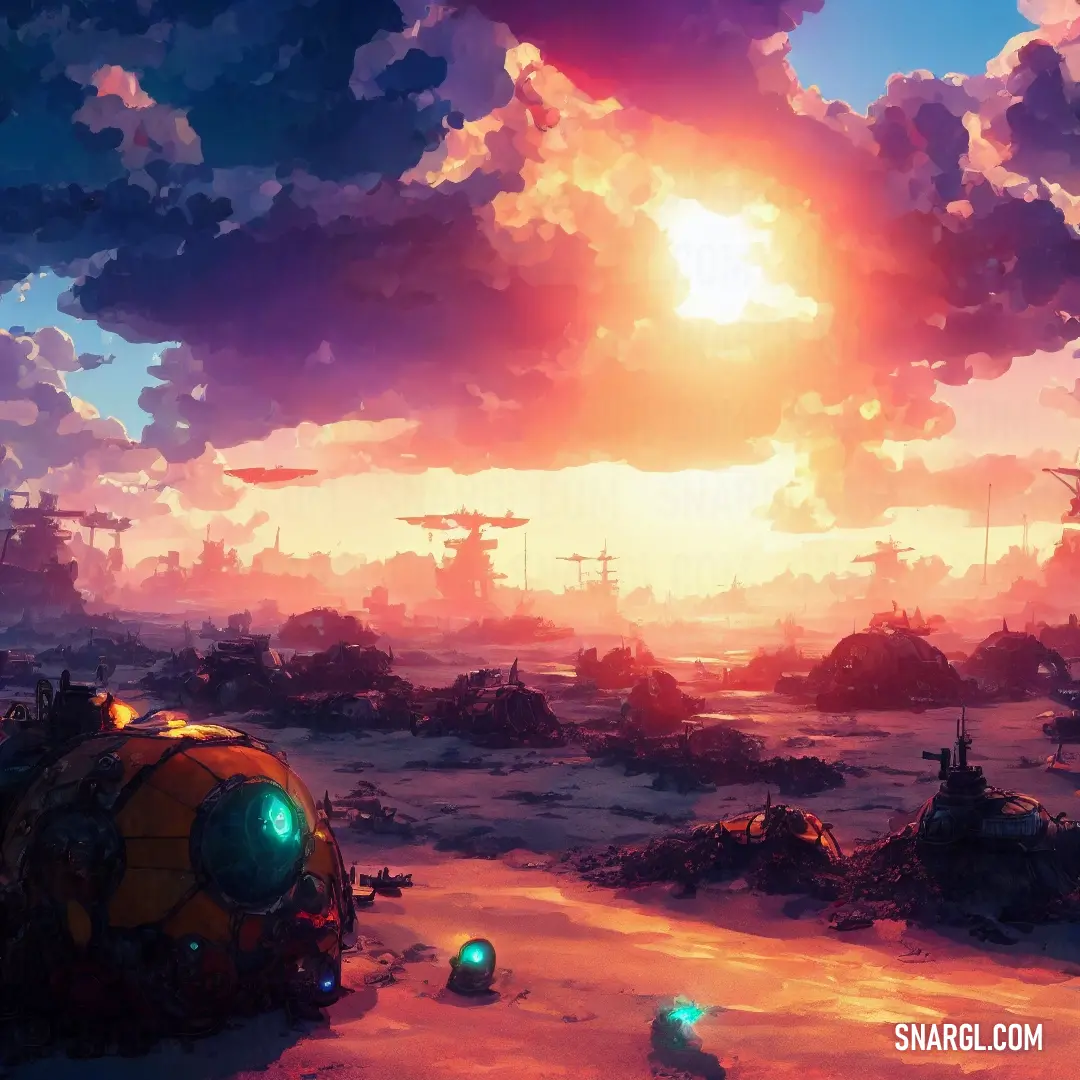 Sunset scene with a bunch of ships in the distance and a lot of clouds in the sky above