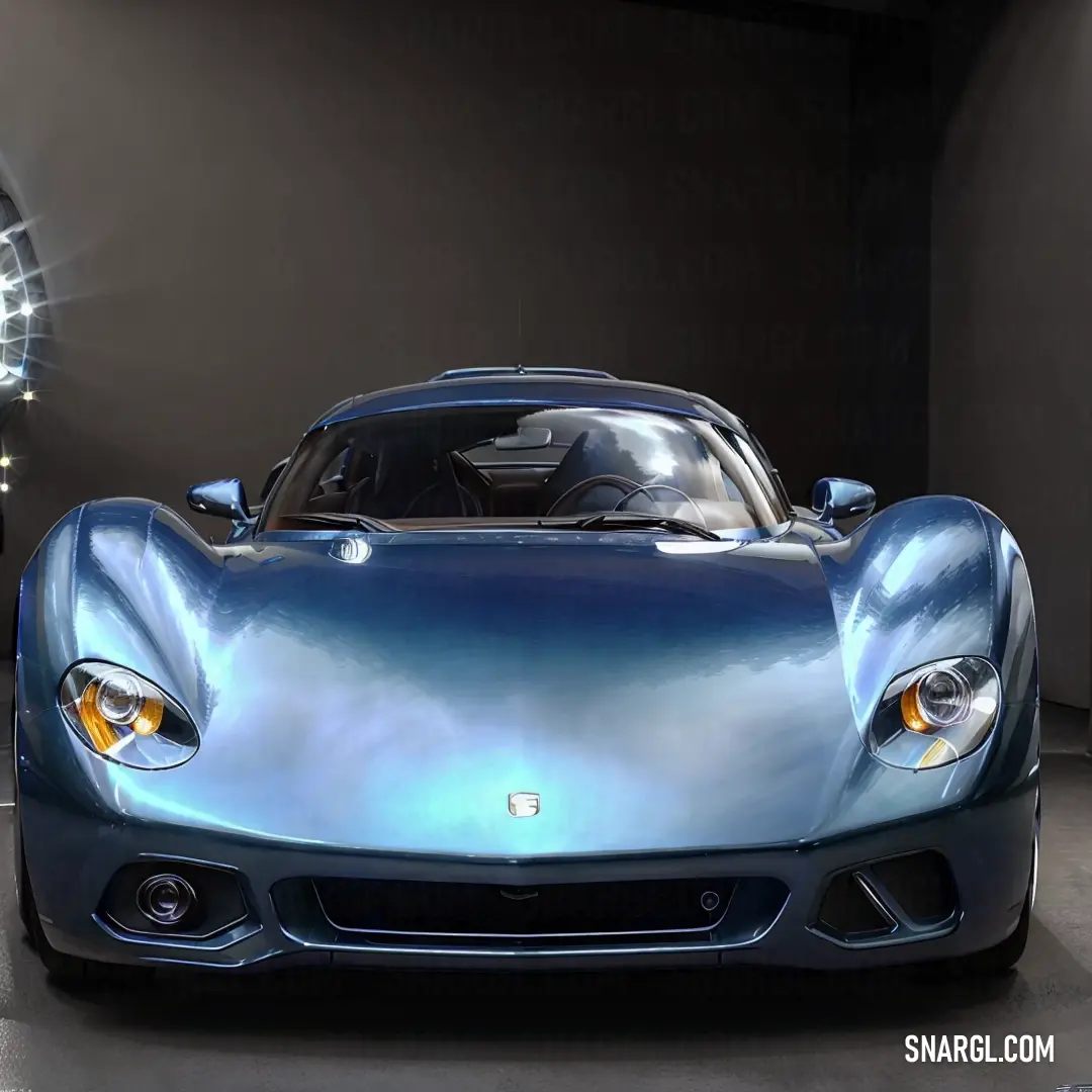 Blue sports car parked in a garage with a light on it's headlight and a mirror behind it