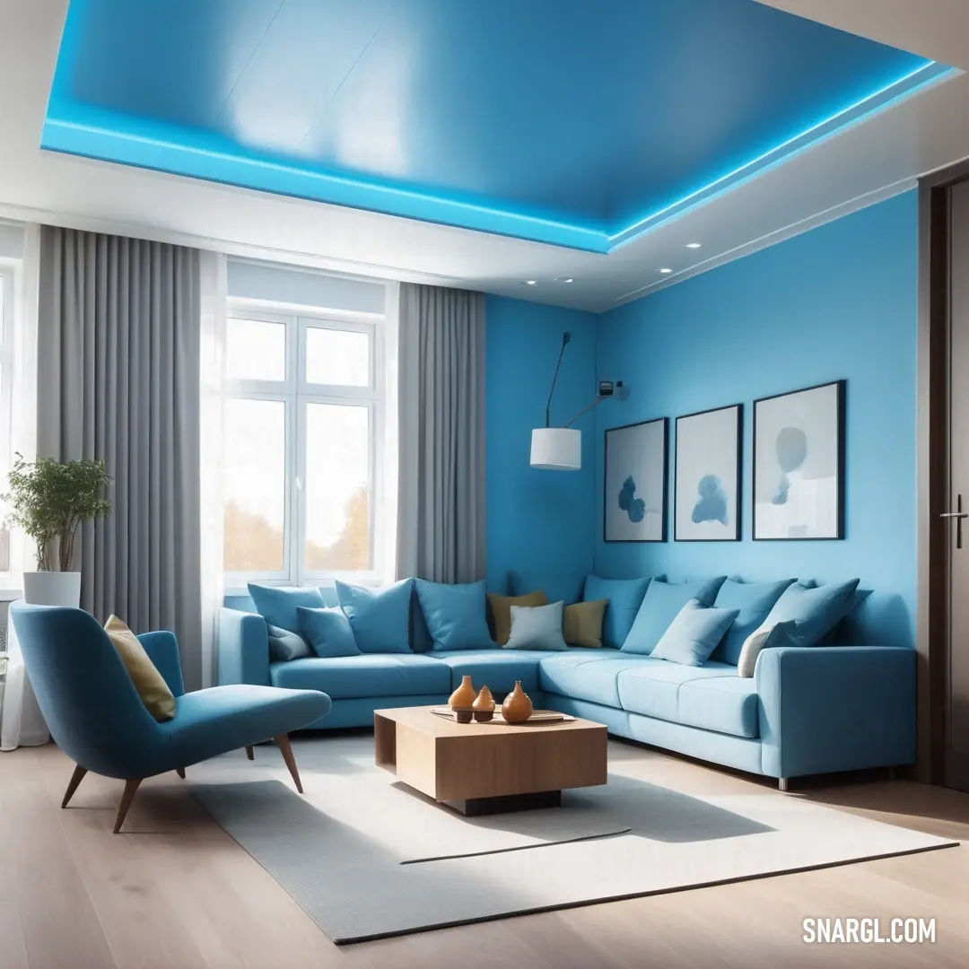 Living room with a blue couch and a blue ceiling light in it's corner area with a white rug. Example of Light cornflower blue color.