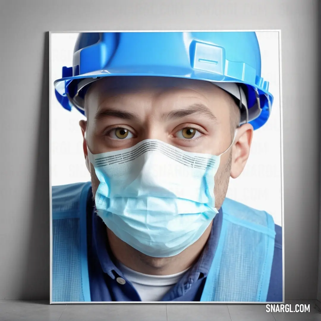 Man wearing a hard hat and a face mask with a blue helmet on his head. Color CMYK 37,13,0,8.