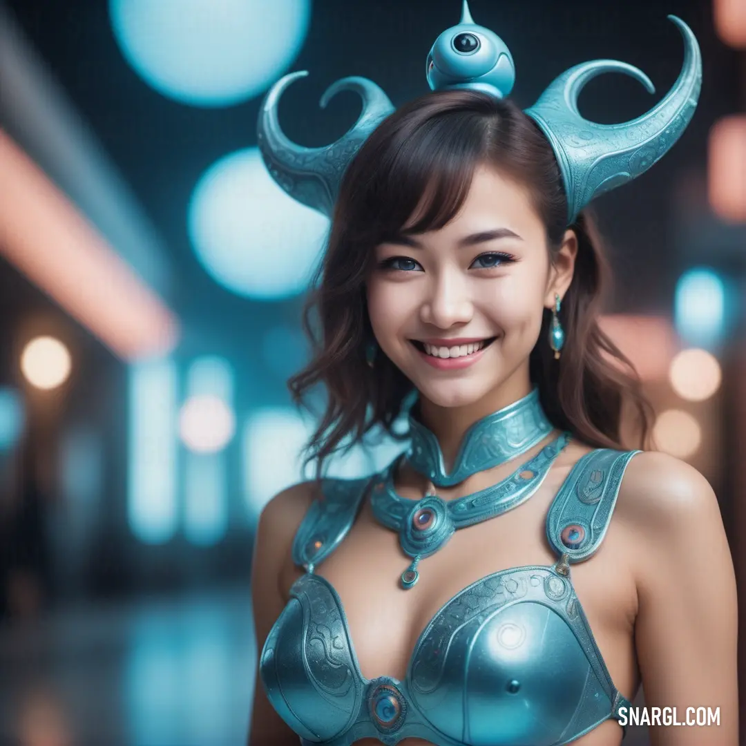 Woman in a costume with horns and a smile on her face and chest. Example of Light cornflower blue color.