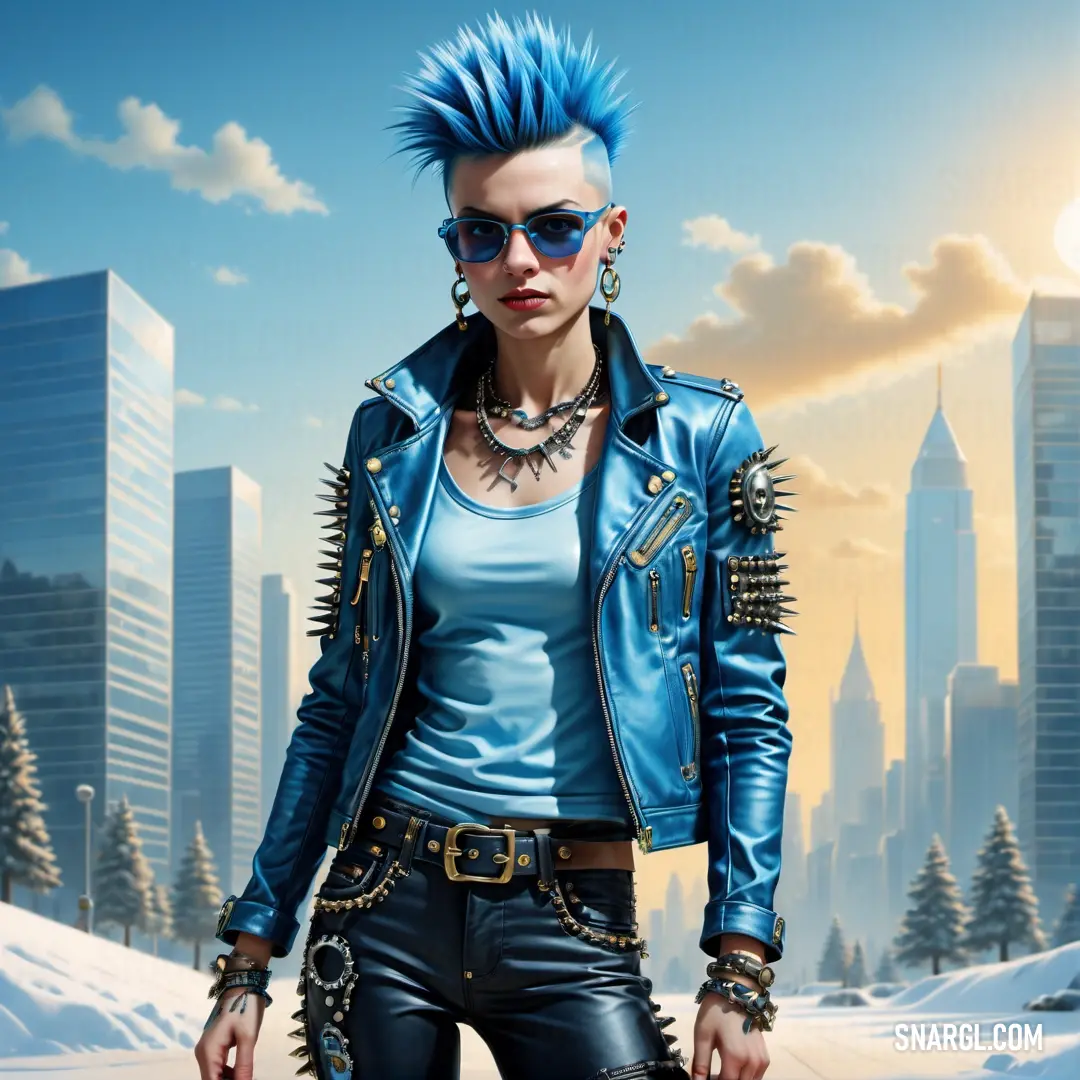 Woman with blue hair and spiked hair standing in front of a cityscape with a sky background. Color #93CCEA.