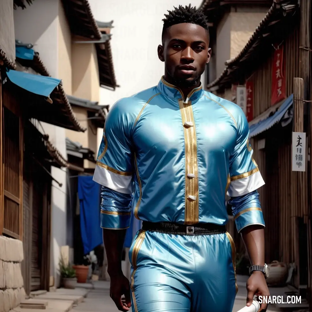 Man in a blue and gold outfit walking down a street with a white frisbee in his hand