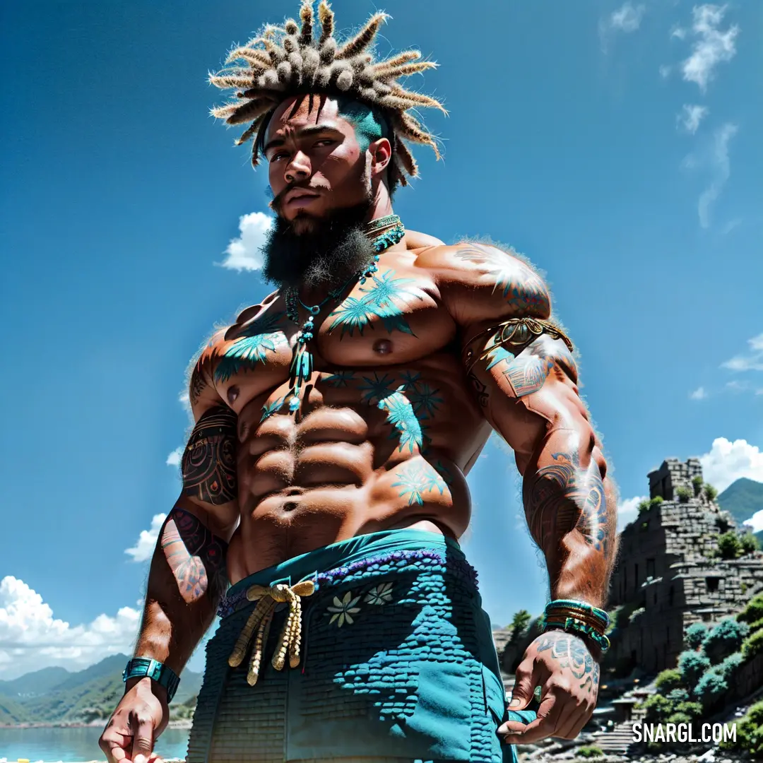 Man with a beard and tattoos standing in front of a castle with a beard and tattoos on his chest