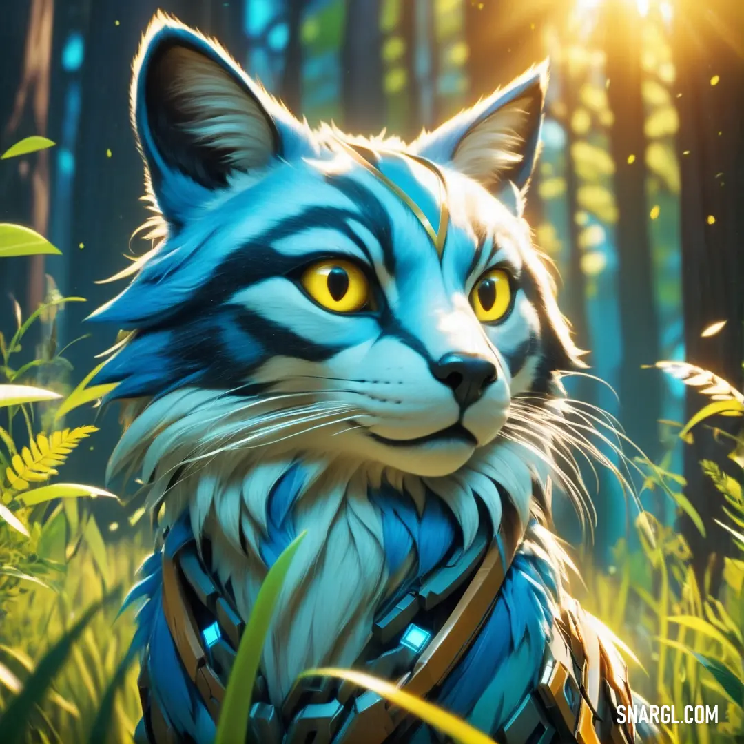 Painting of a cat in a forest with grass and trees in the background. Color #93CCEA.