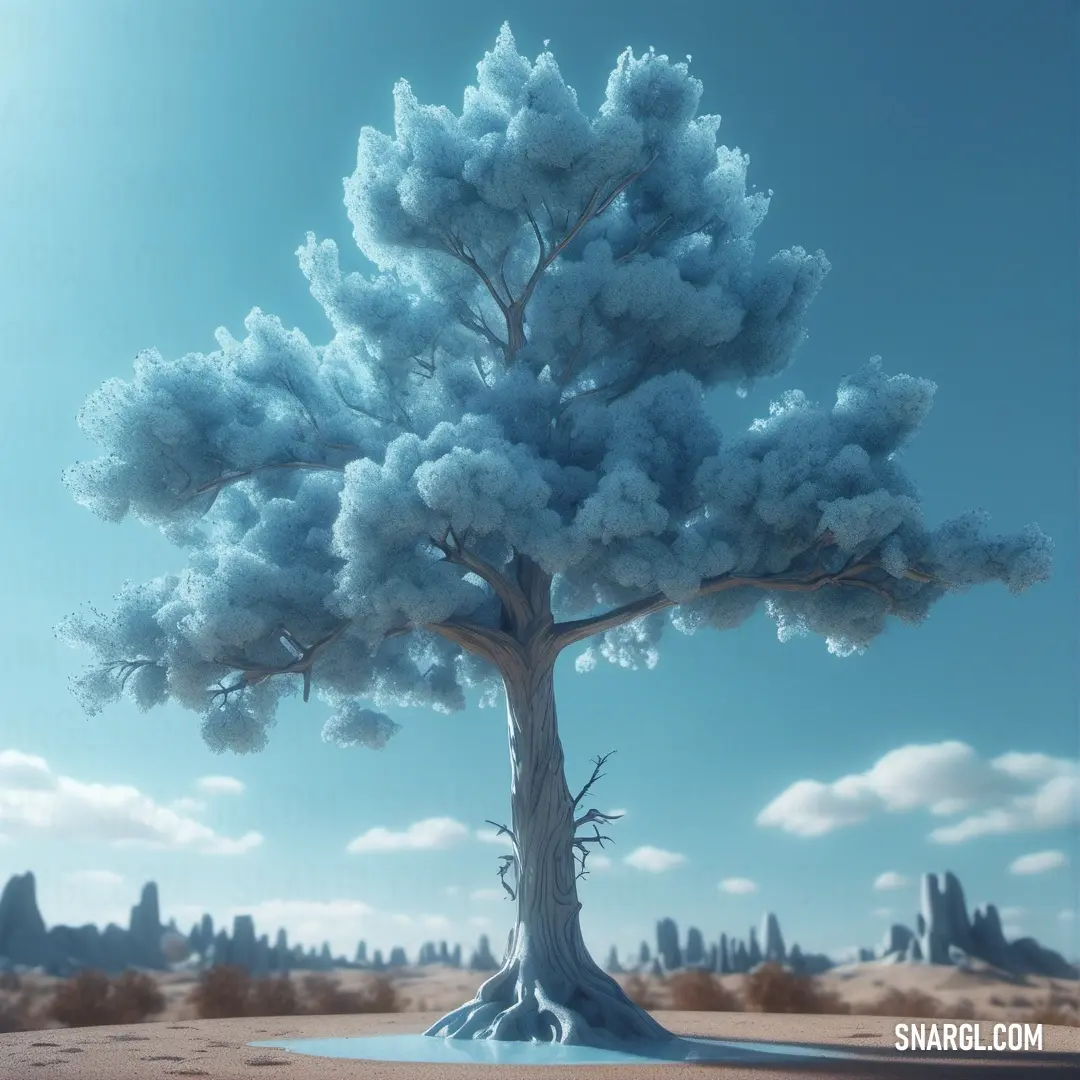 Light cornflower blue color example: Tree with a lot of snow on it in the middle of a desert area with a city in the background