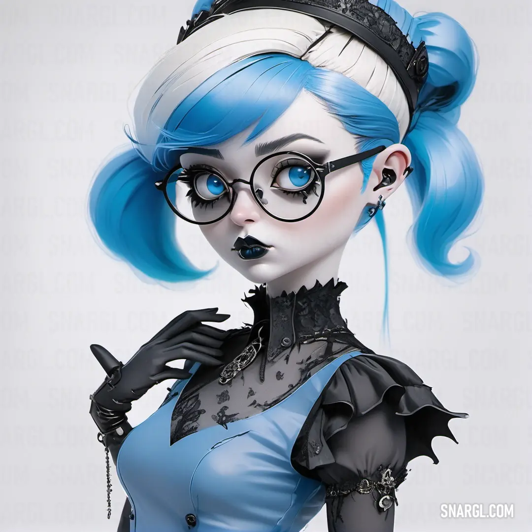 Woman with blue hair and glasses wearing a blue dress and black gloves and a tiara. Color #93CCEA.
