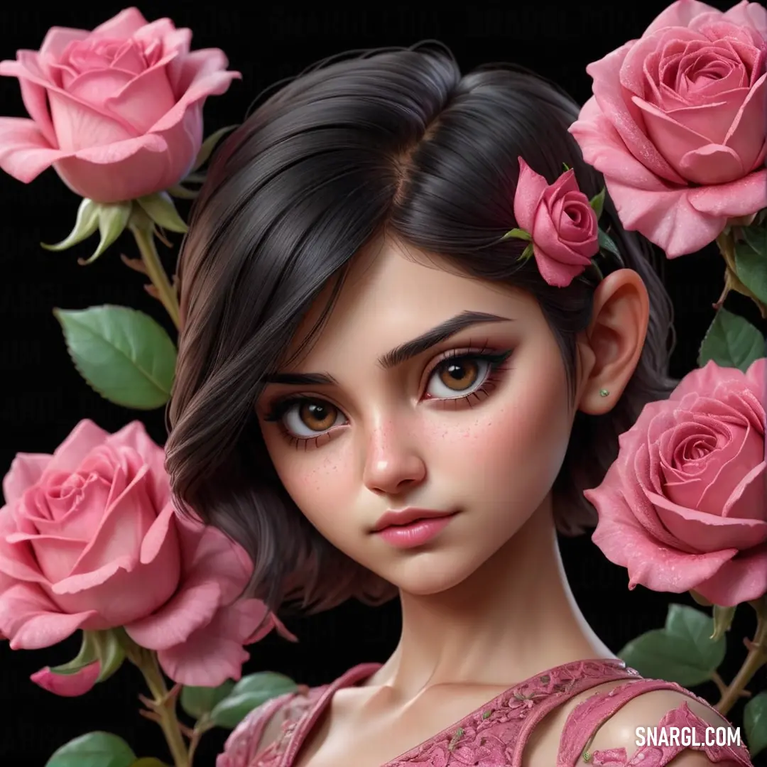 Light Crimson color example: Girl with a flower in her hair and a pink dress with roses around her neck and shoulders