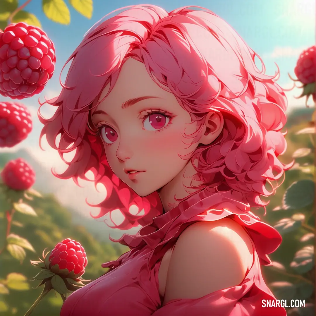Girl with pink hair and a red dress is standing in a field of raspberries. Color #F56991.
