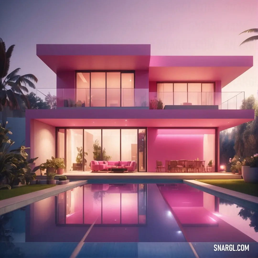 Large pink house with a pool in front of it at night time with a couch and table in the background. Example of RGB 245,105,145 color.