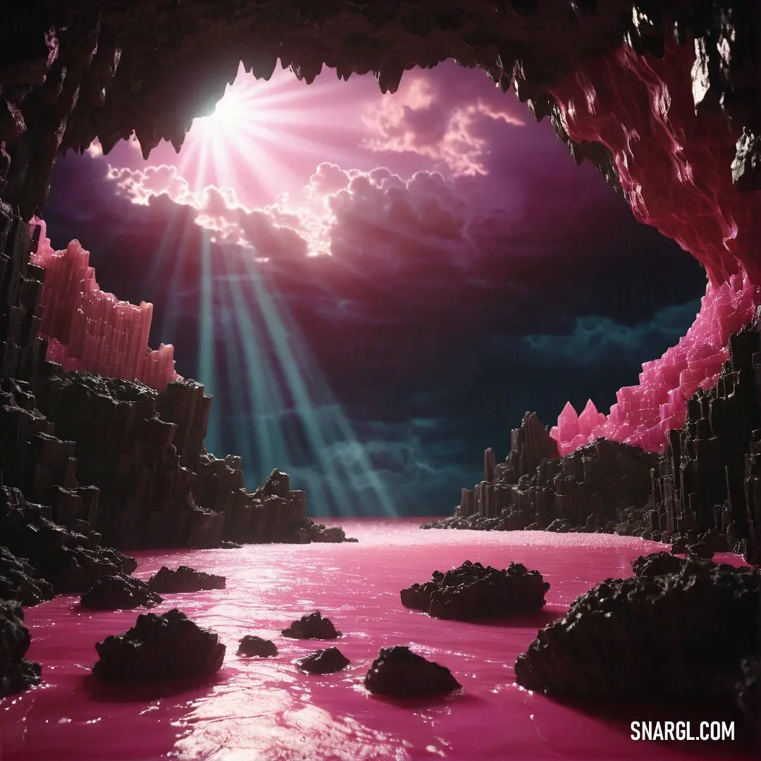 Painting of a cave with a bright light coming from the ceiling and water below it. Example of CMYK 0,57,41,4 color.
