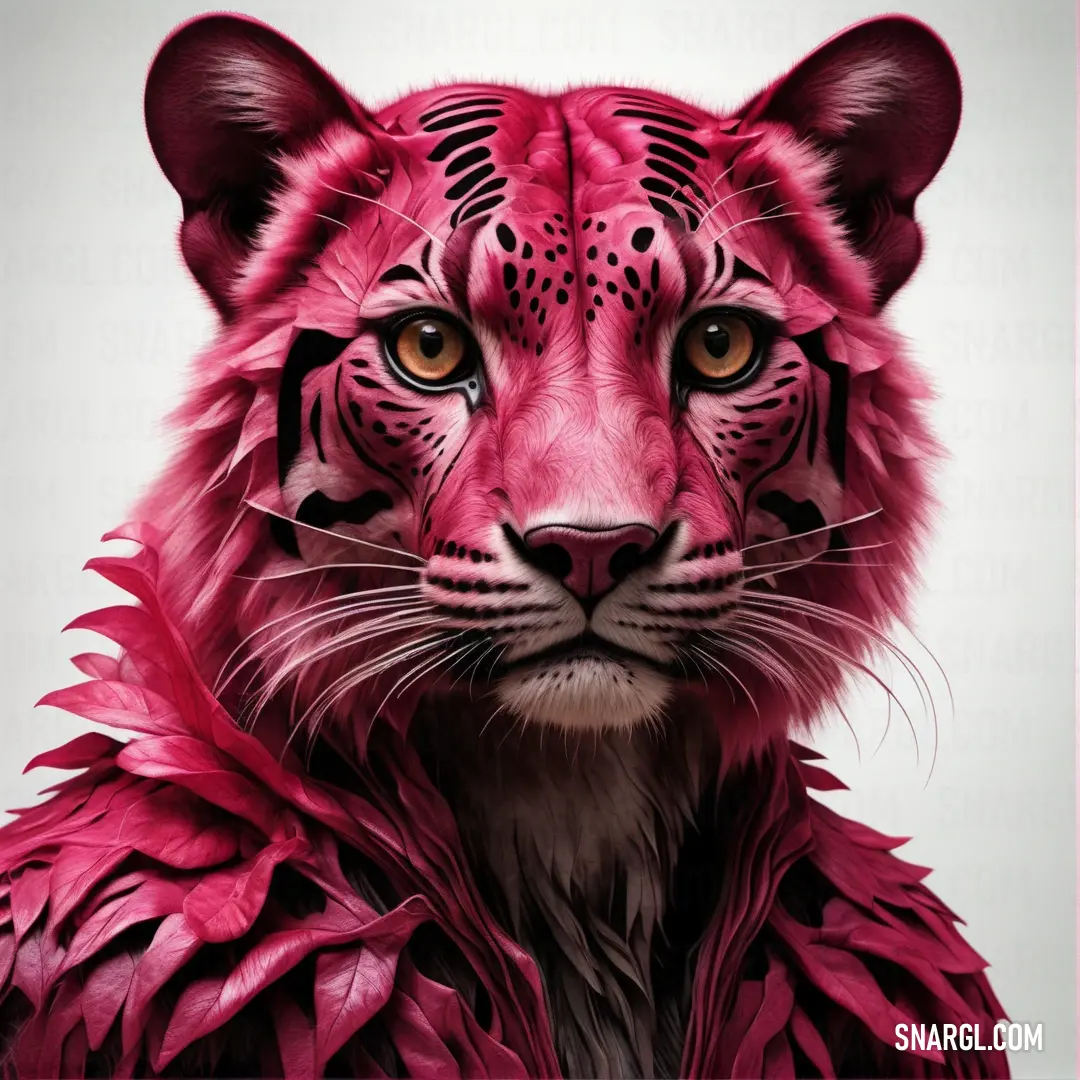 Pink tiger with a black and white pattern on its face and chest and chest, with a pink background. Example of #F56991 color.