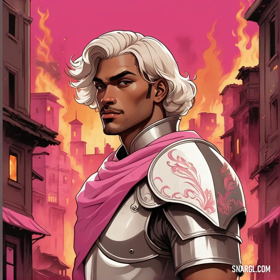 Man in a white suit and pink scarf standing in front of a cityscape with flames in the background. Example of RGB 245,105,145 color.