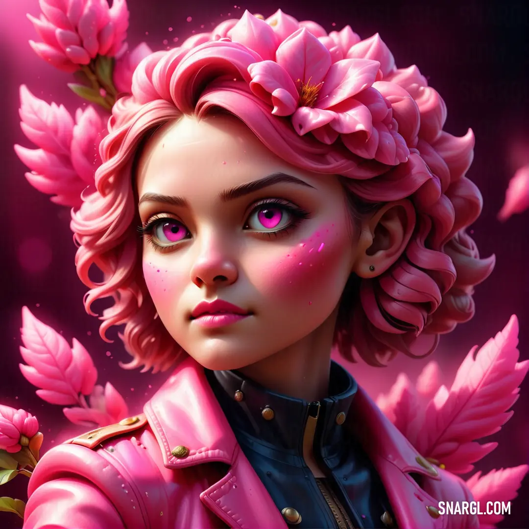 Light Crimson color example: Painting of a woman with pink hair and pink flowers in her hair