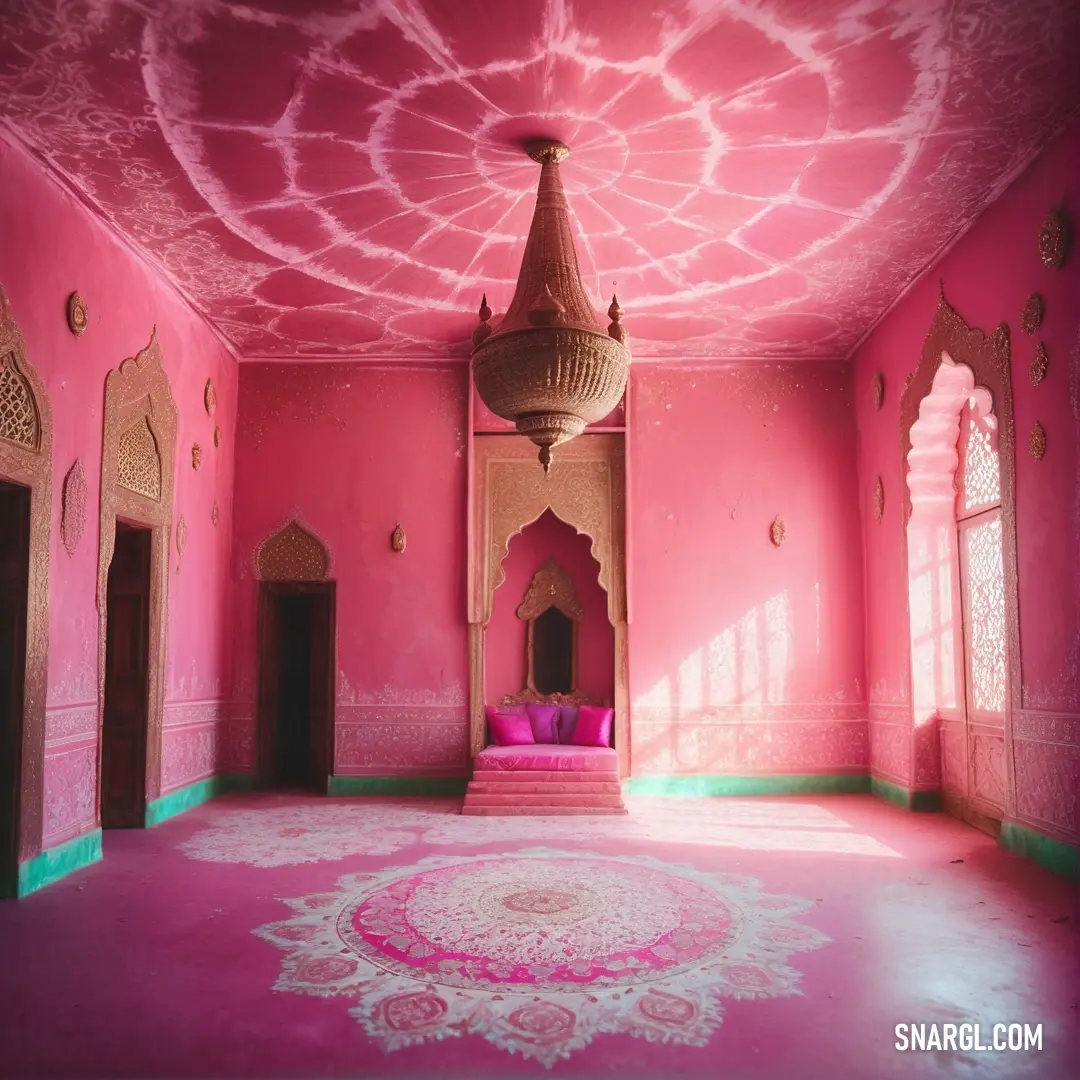 Room with a pink carpet and a chandelier hanging from the ceiling. Color Light Crimson.