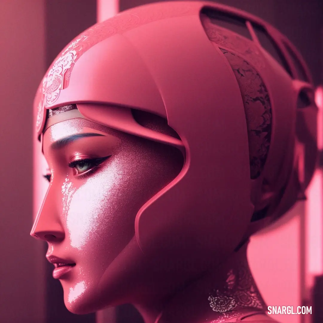Woman's head with a futuristic helmet on it's head and a pink background with a window