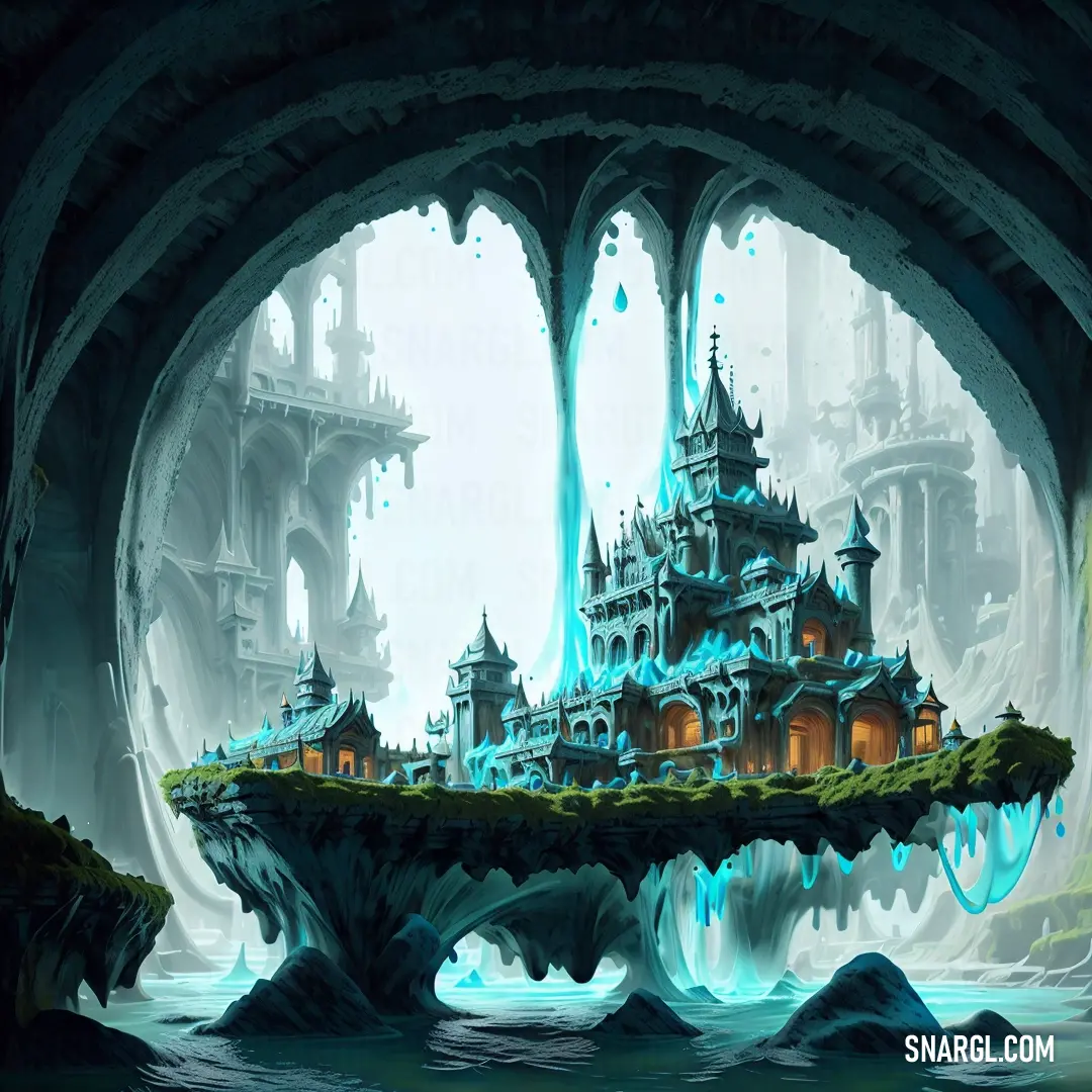 Fantasy castle with a waterfall in the middle of it