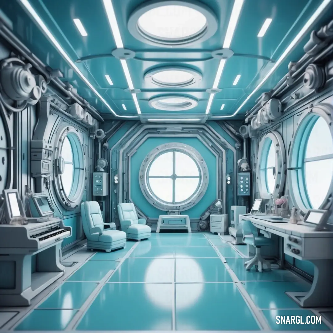 Futuristic office with a blue ceiling and a round window in the center of the room is a chair and a desk. Example of Light cyan color.