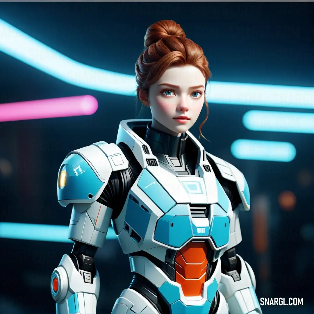 Woman in a futuristic suit with a sci - fi, Eve Ryder. Example of #E0FFFF color.