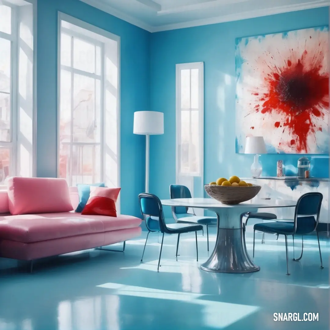 Living room with a couch, table, chairs and a painting on the wall in the background. Color Light cyan.
