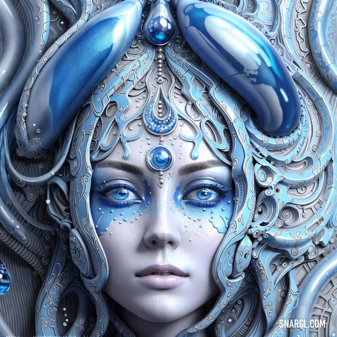 Woman with blue eyes and a blue headpiece with horns and a snake on her head is surrounded by blue bubbles