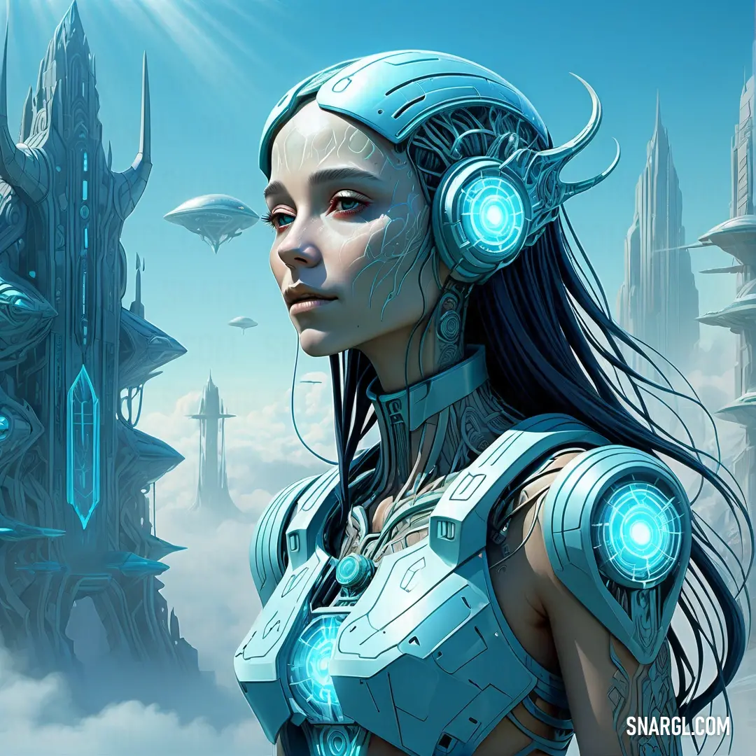 Light cyan color example: Woman with headphones standing in front of a castle with a giant clock tower in the background