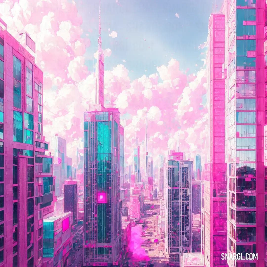 City with tall buildings and a pink sky in the background with clouds in the sky and a pink