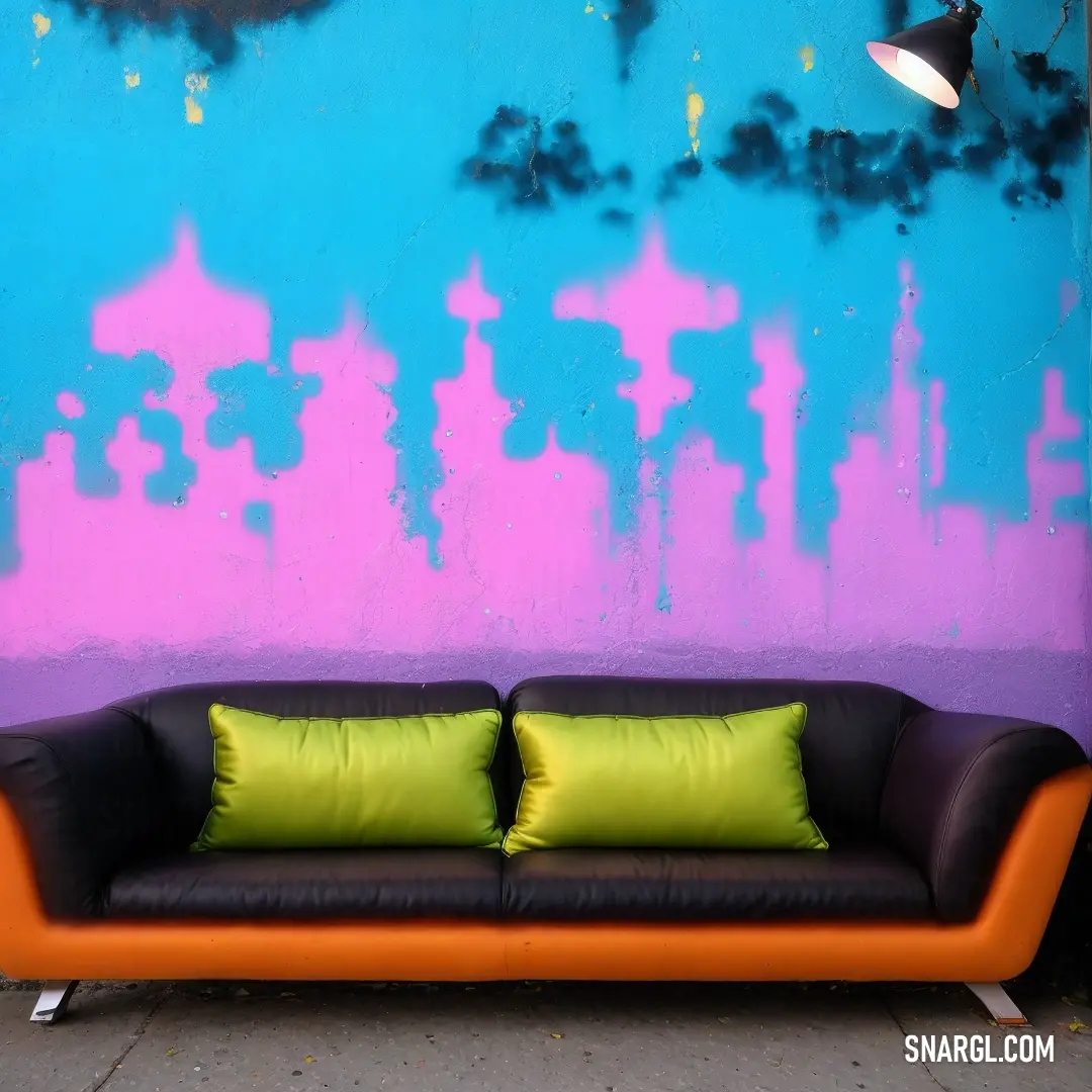 Couch with two pillows in front of a wall with a painting on it's side