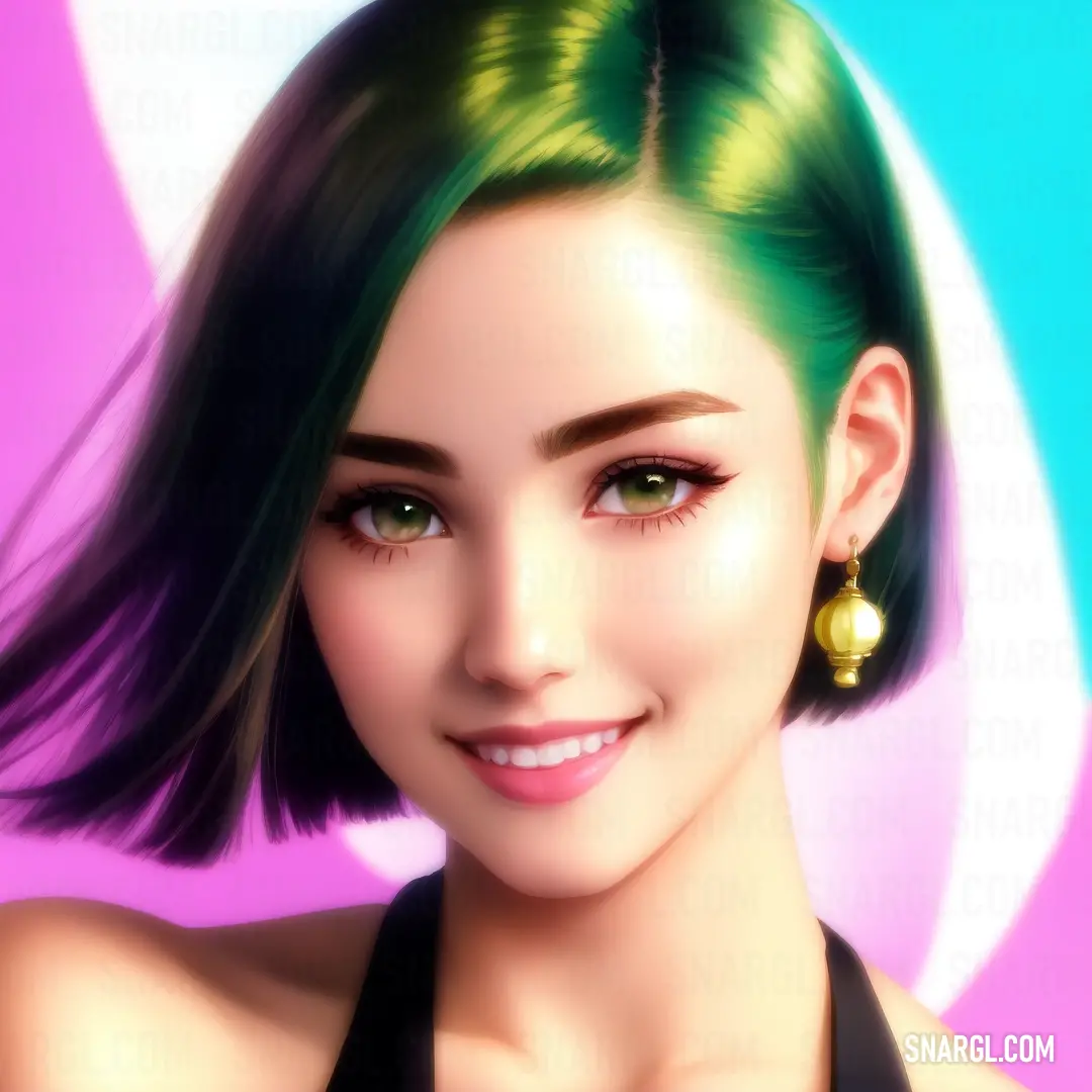 Digital painting of a woman with green hair and earrings on her head and a pink background with a white circle