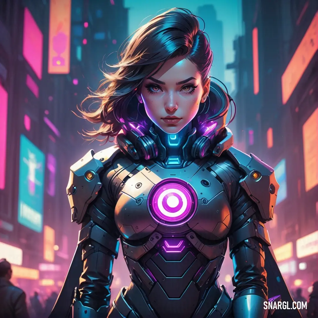 Woman in a futuristic suit standing in a city at night with neon lights on her chest and arms. Example of RGB 249,132,239 color.