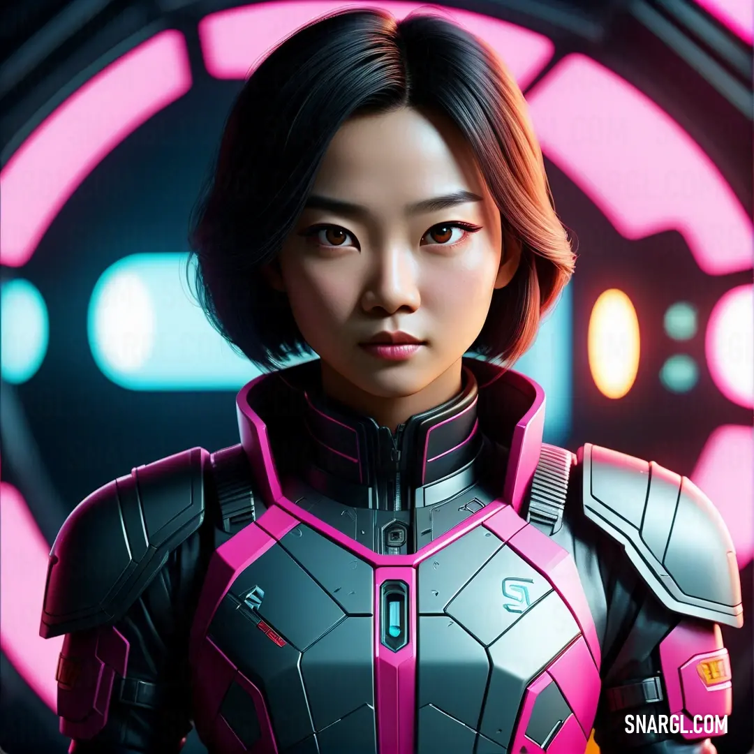 Woman in a futuristic suit standing in front of a pink background. Example of #F984EF color.