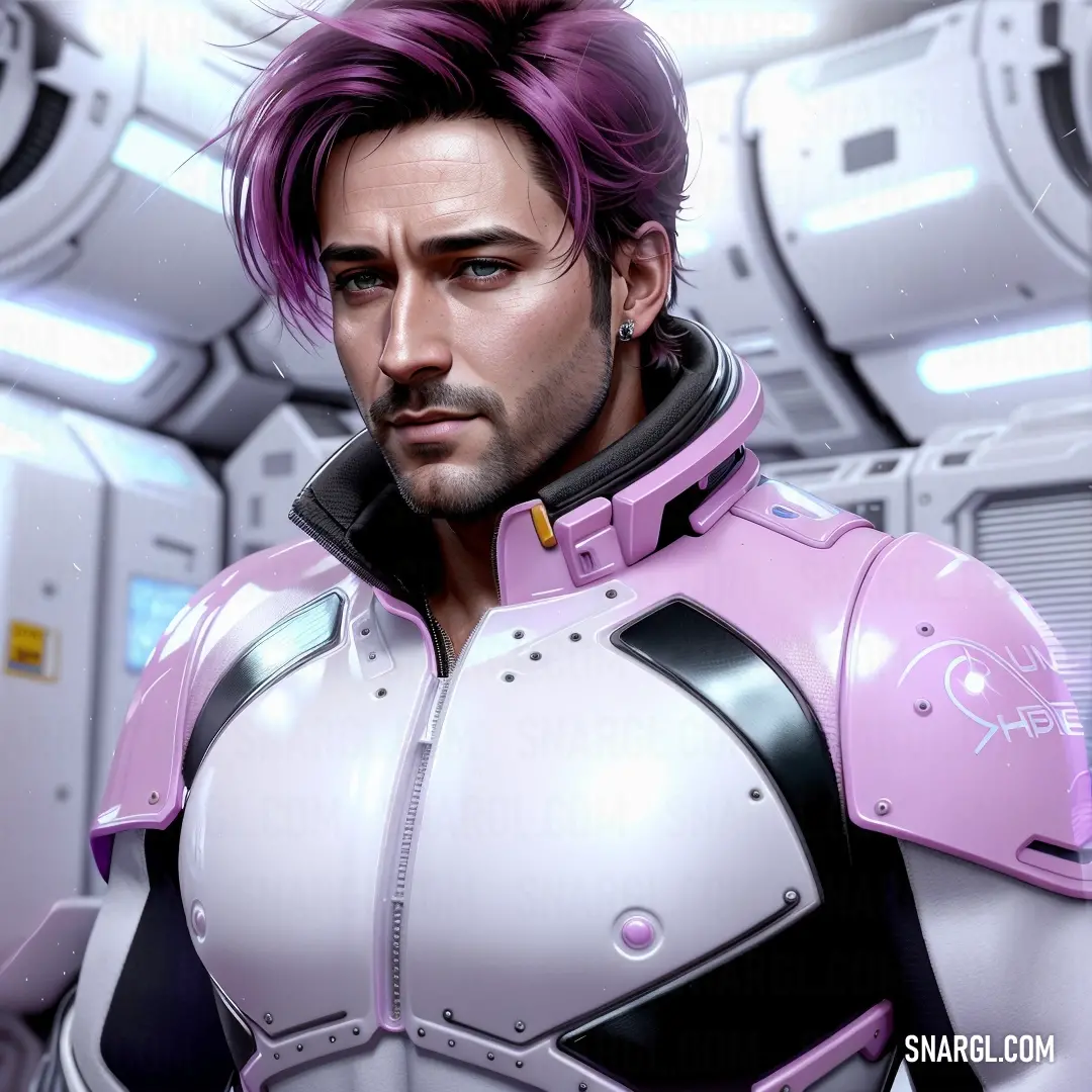 Man with purple hair and a futuristic suit in a futuristic setting with a sci - fi