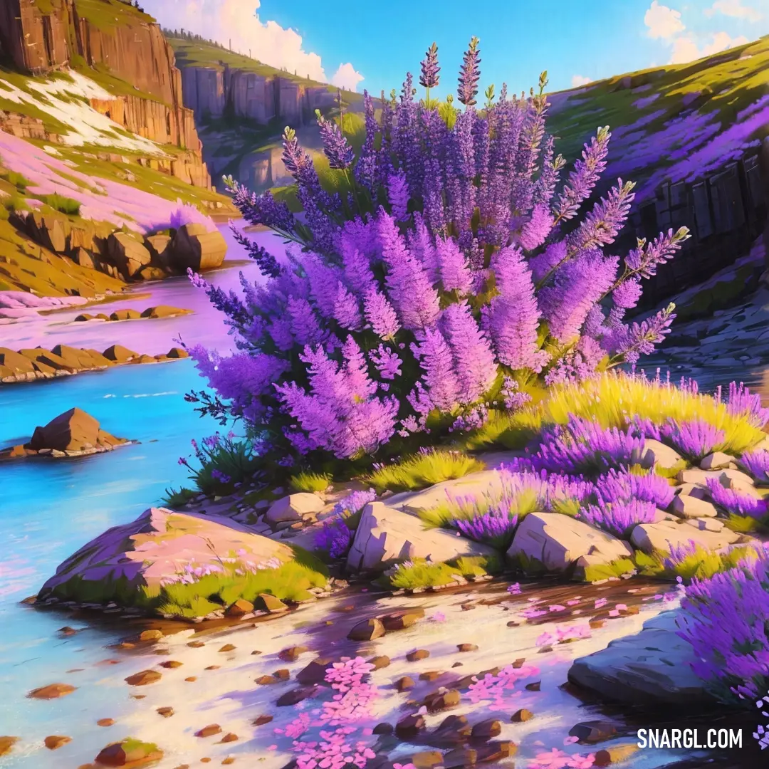 Painting of a river and purple flowers in the mountains and rocks and grass on the ground and a cliff