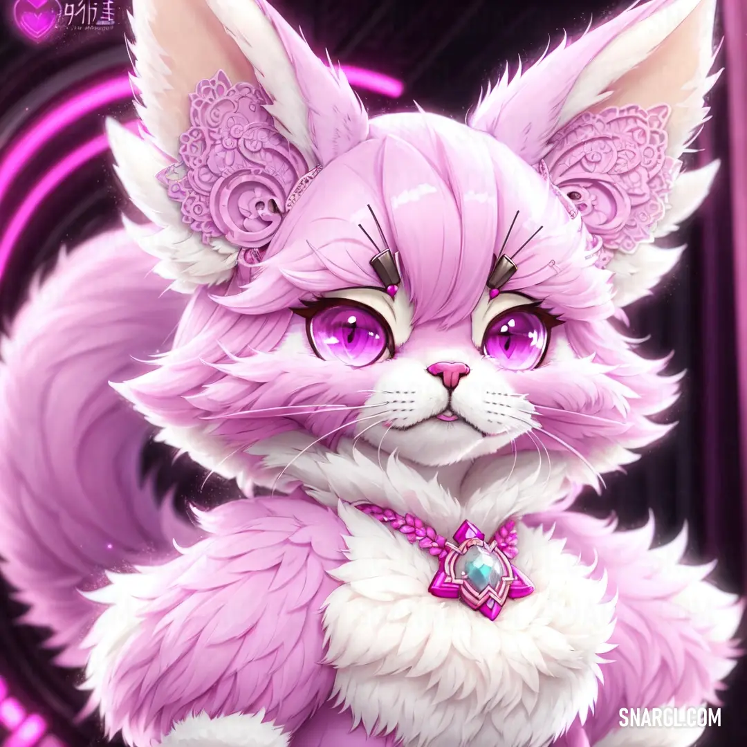 Pink cat with purple eyes and a pink collar on it's neck and a purple background
