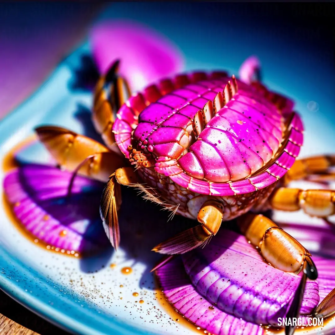 Plate with a purple crab on it on a table with a purple background and a blue border around it