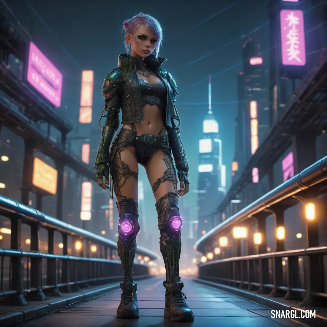 Woman in a futuristic city with neon lights on her body and boots on her feet. Example of #F984EF color.