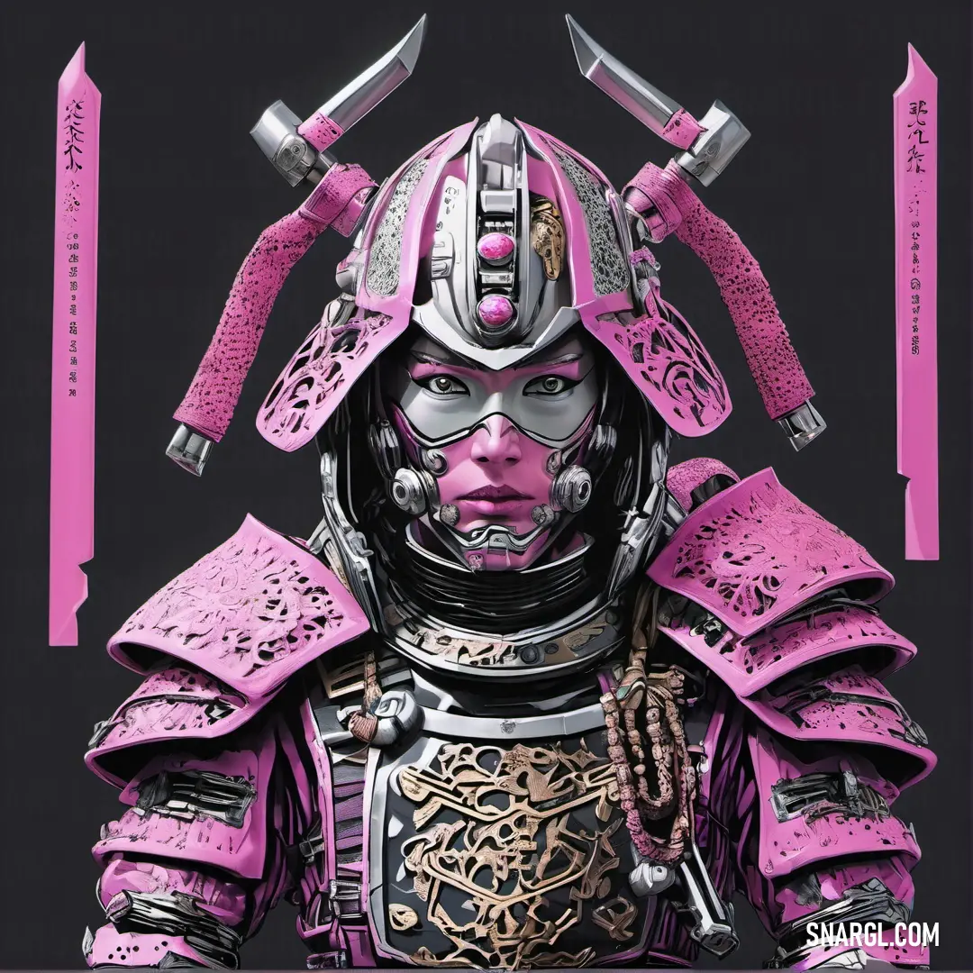 Woman in a pink armor with two swords on her head. Color #F984EF.