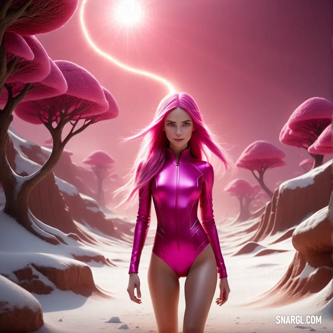 Woman in a pink bodysuit walking through a snowy landscape with trees and bushes in the background. Color CMYK 0,47,4,2.
