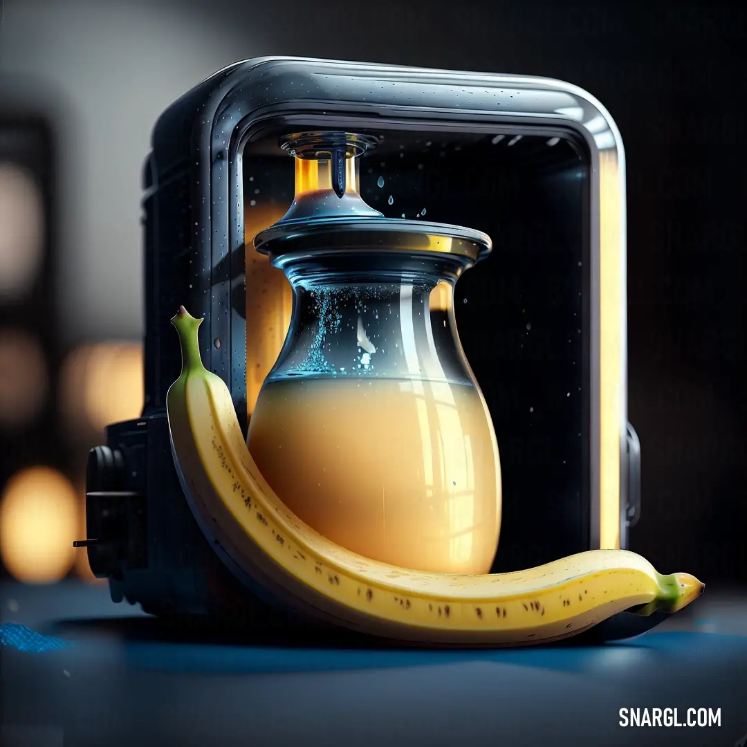 Banana and a glass jar on a table with a black background and a yellow banana on the side