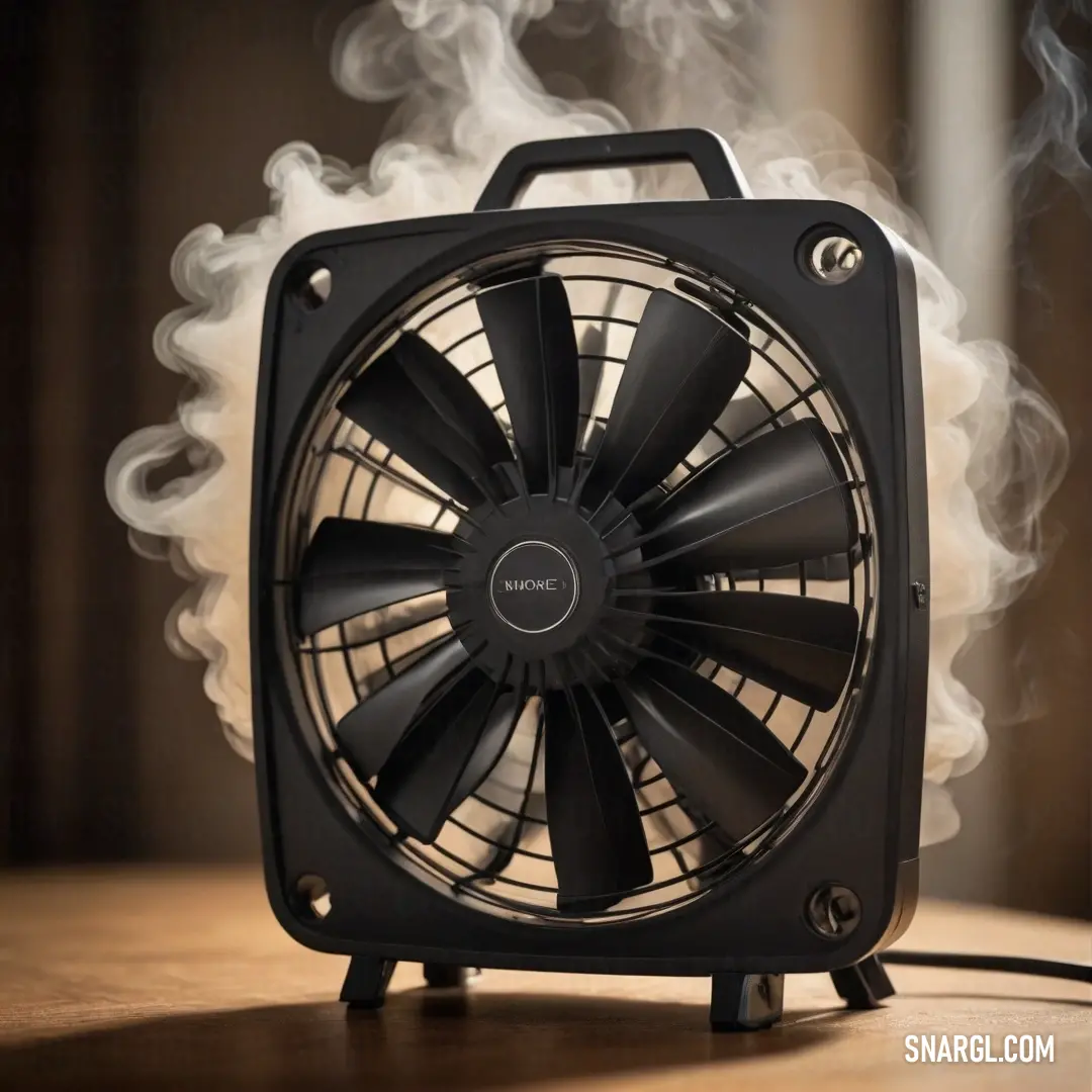 A striking black fan positioned gracefully atop a wooden table, with sunlight streaming through a nearby window, casting ethereal smoke trails in the air, depicting a warm summer afternoon.