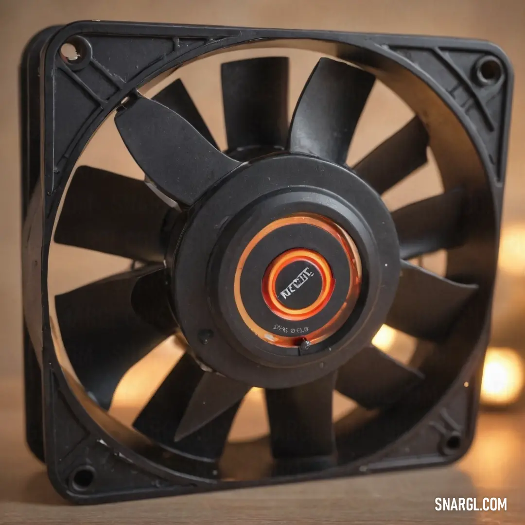 A striking black fan with a glowing red light sits elegantly on a table next to a softly illuminated light bulb. The dynamic interplay of colors creates a modern and stylish ambiance, inviting viewers to appreciate the fusion of form and function.