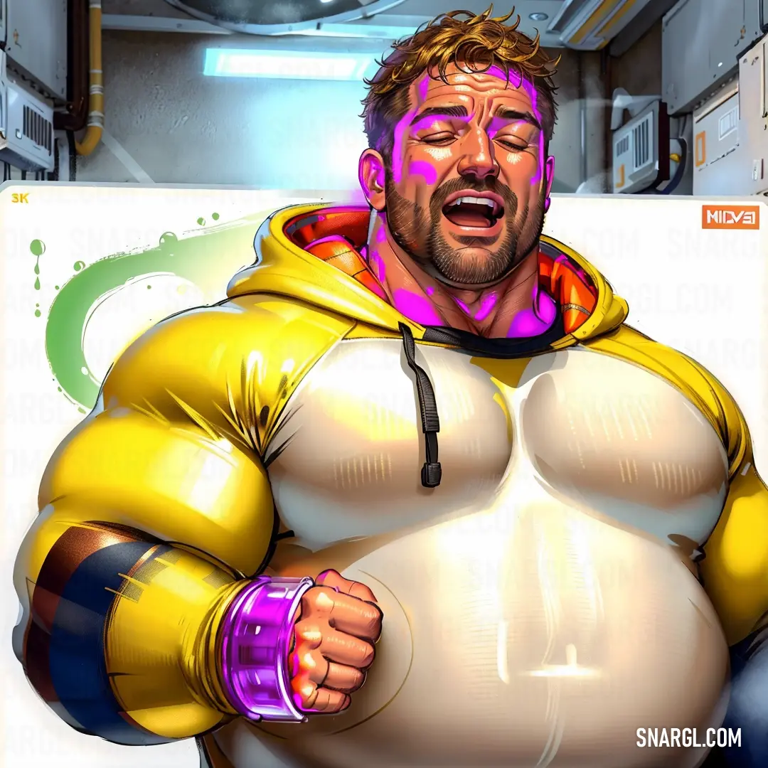 Cartoon of a man with a big breast and a hoodie on