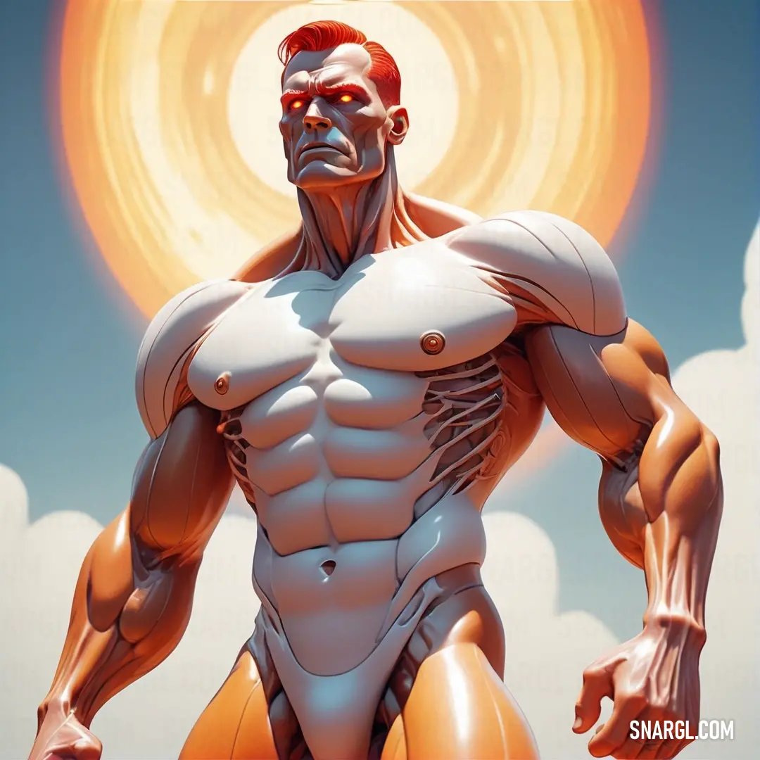 Man with muscles and a large chest standing in front of a sun with clouds and sunbursts. Example of RGB 250,250,210 color.