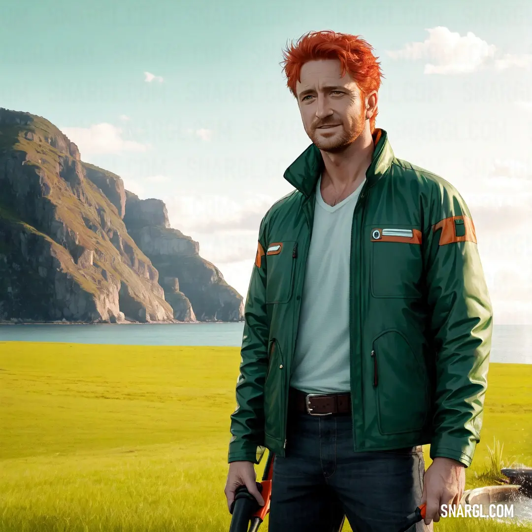 Man with red hair and a beard standing in a field with a gun in his hand and a mountain in the background. Color #FAFAD2.