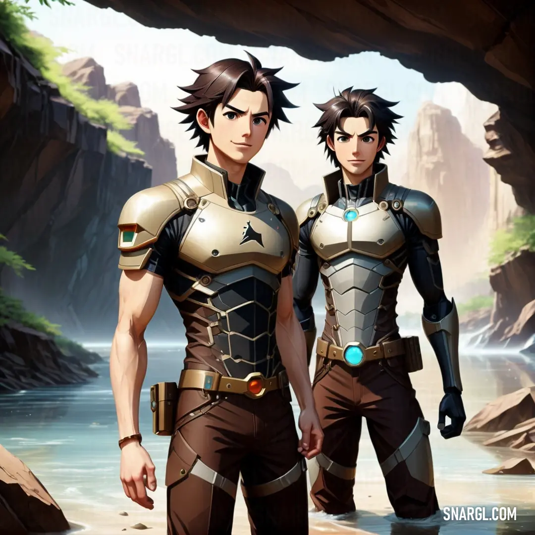 Two people standing next to each other near a river and a mountain range in the background. Color #FAFAD2.
