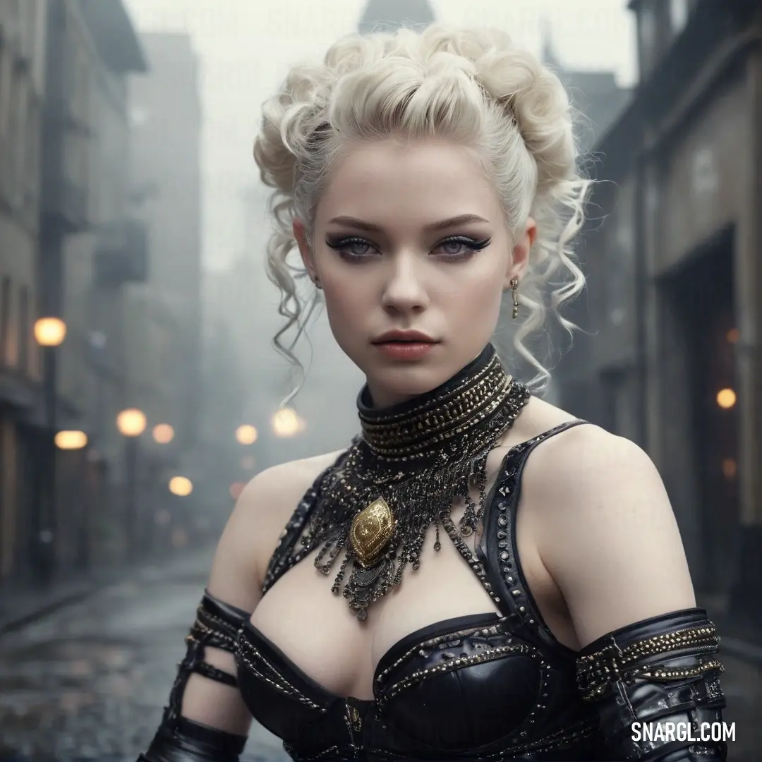 A radiant woman clad in a black dress and striking choker, captured on a vibrant street corner. The photo beautifully integrates a light goldenrod yellow hue, illuminating the urban backdrop.