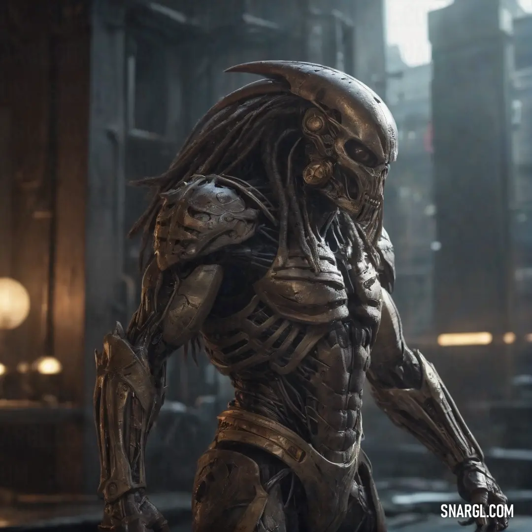 The imposing figure of a predator stands tall in a dark, intense sci-fi setting, its menacing posture and sleek armor illuminated by subtle light, embodying the darker side of advanced technology in the hue of CMYK 0,0,16,2.