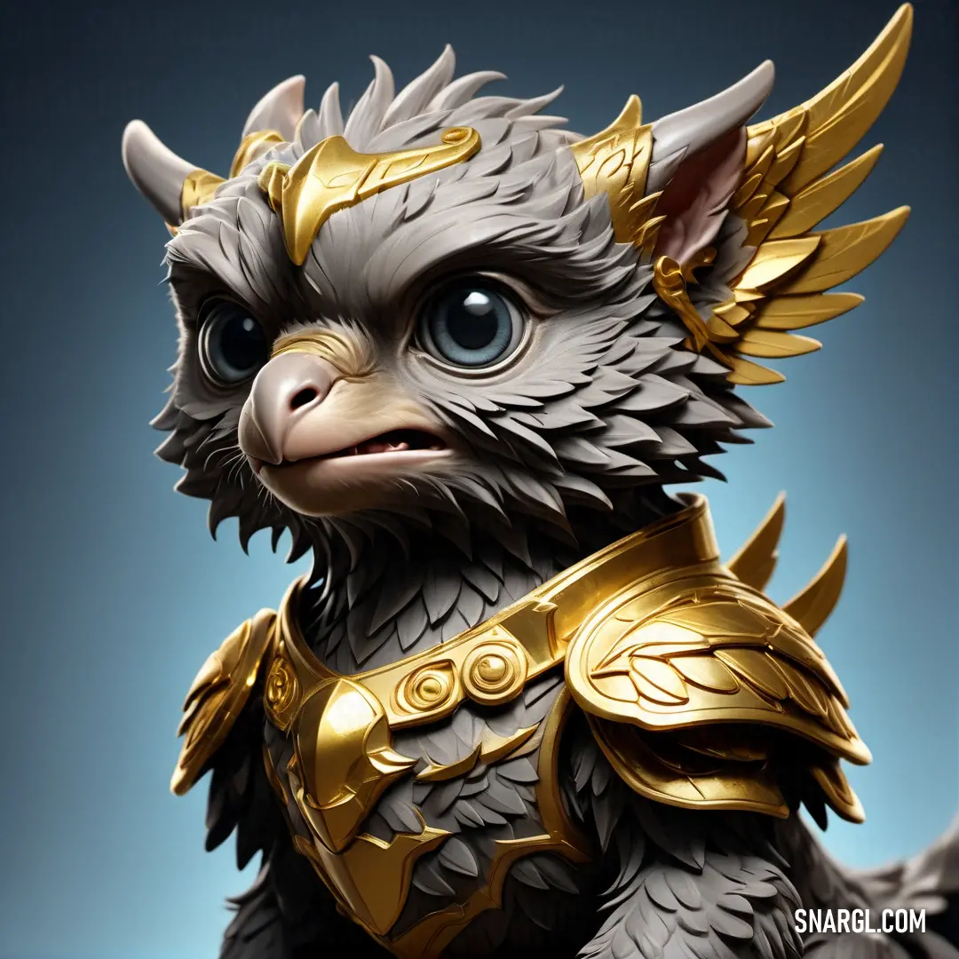 Statue of a cat with a golden armor on it's head and wings on its head. Example of Light goldenrod yellow color.